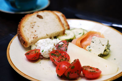 Close-up of breakfast served on table