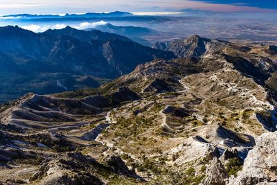 High angle view of mountains against sky