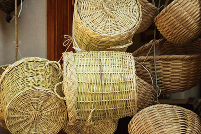 Close-up of baskets hanging