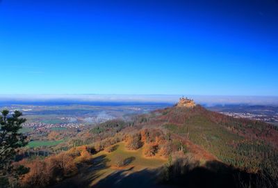 Aerial view of landscape against clear blue sky