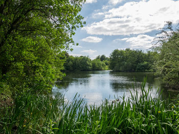 Scenic view of lake against cloudy sky