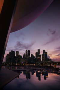 View of buildings in city at sunset