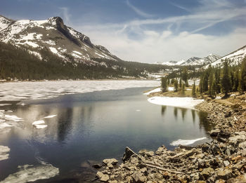 Scenic view of lake by snowcapped mountains against sky