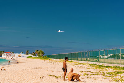 Two dogs on beach against the sky