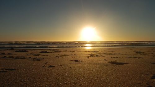 Scenic view of beach against clear sky during sunset