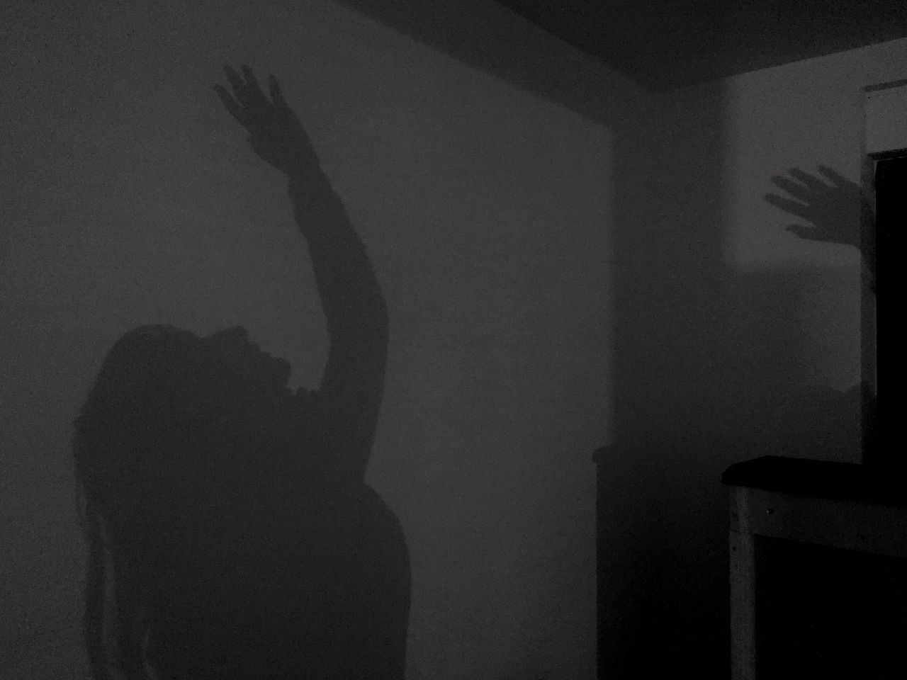 real people, lifestyles, one person, human arm, indoors, silhouette, arms raised, wall - building feature, leisure activity, shadow, architecture, dancing, standing, unrecognizable person, women, adult, hand raised, hand, wall, focus on shadow