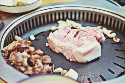 High angle view of food on stove