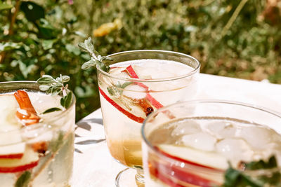 Fresh and healthy cocktail or mocktail with apple, ice, cinnamon and herbs. refreshing summer drink