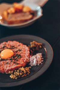 High angle view of food in plate on table