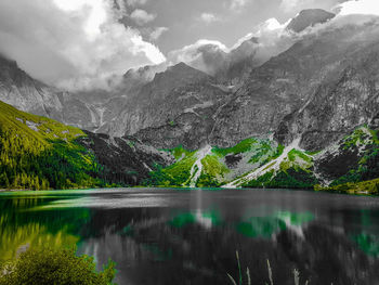 Scenic view of lake by mountain against sky