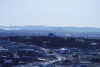 High angle view of townscape against clear sky