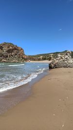 Scenic view of beach against clear blue sky