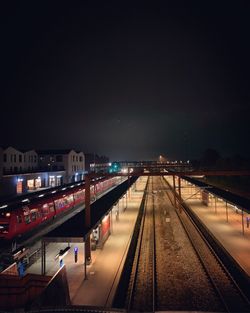 High angle view of railroad station at night