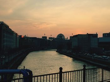 Bridge over river at sunset