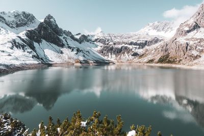 Scenic view of lake and snowcapped mountains against sky