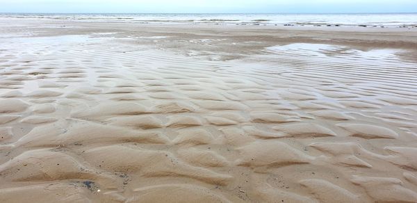 Surface level of sand on beach against sky