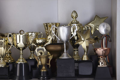 Various trophy in shelf at home