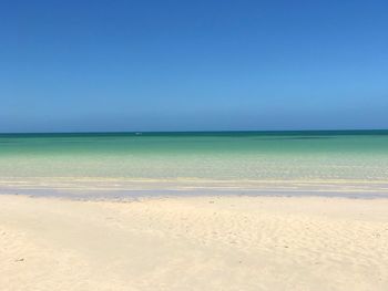 Scenic view of sea against clear blue sky