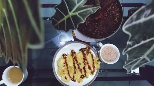 High angle view of breakfast served on table