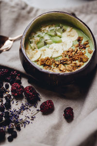 High angle view of breakfast in bowl on table