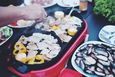 High angle view of food served on table