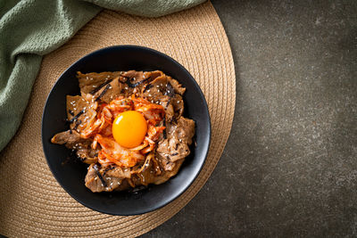 High angle view of food in plate on table