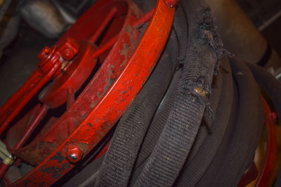Close-up of red tire on railroad track