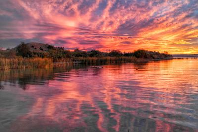 Scenic view of lake against sky during sunset