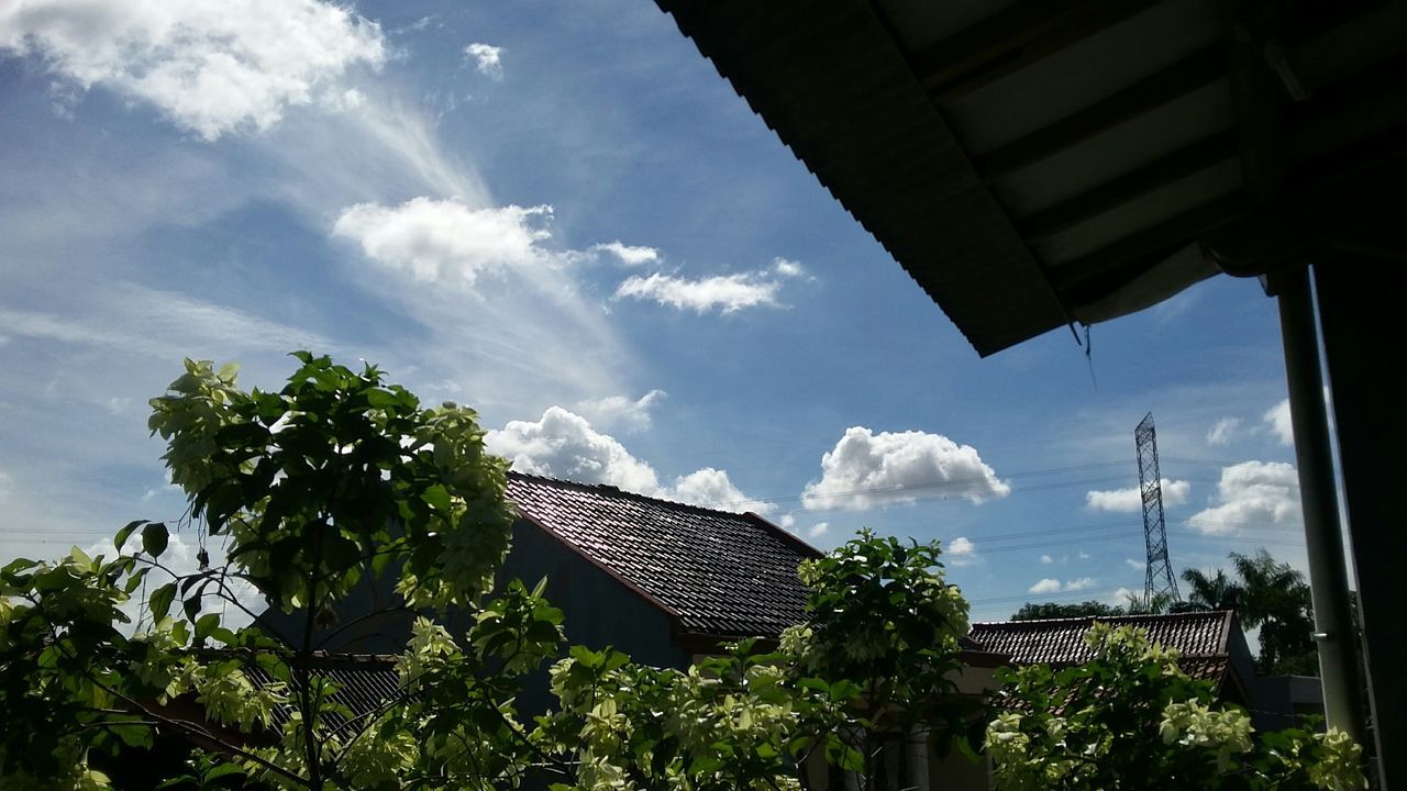 architecture, sky, built structure, building exterior, low angle view, tree, cloud - sky, house, cloud, roof, growth, cloudy, residential structure, building, day, outdoors, plant, no people, nature, residential building