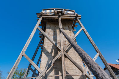 Low angle view of old building against clear blue sky