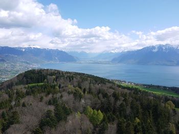 Scenic view of landscape and mountains against sky in switzerland