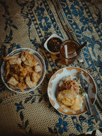 High angle view of breakfast served on table