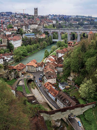 High angle view of buildings in town