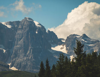 Snow capped peaks of cloud shrouded rocky mountains