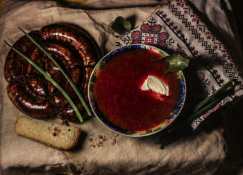 High angle view of breakfast served on table