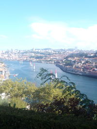 High angle view of city by sea against sky