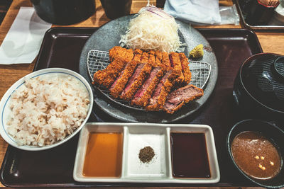 High angle view of meal served on table