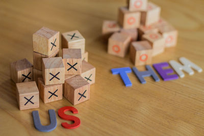 High angle view of toys on table