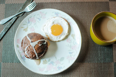 High angle view of breakfast served on table