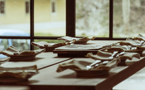 High angle view of boats on table