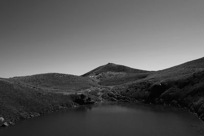 Scenic view of river amidst mountains against clear sky