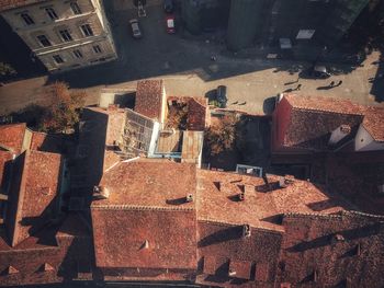 High angle view of old buildings in city