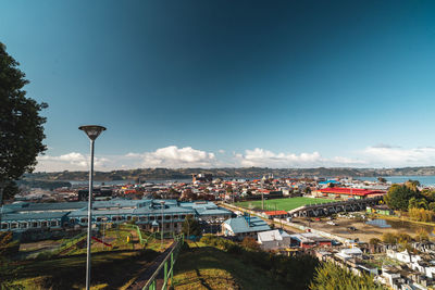 High angle view of townscape against clear sky