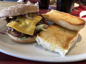 Close-up of burger in plate on table