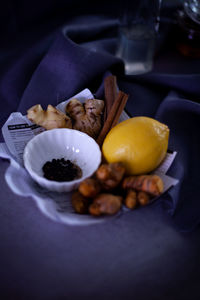 High angle view of breakfast on table
