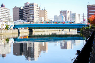 Bridge over river by buildings against sky