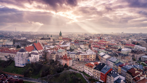 High angle view of cityscape against sky