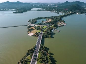 High angle view of boats in city