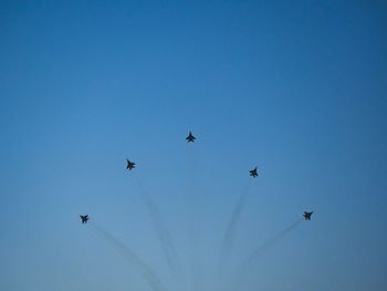 Low angle view of birds flying against clear blue sky