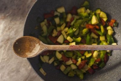 High angle view of chopped vegetables on table